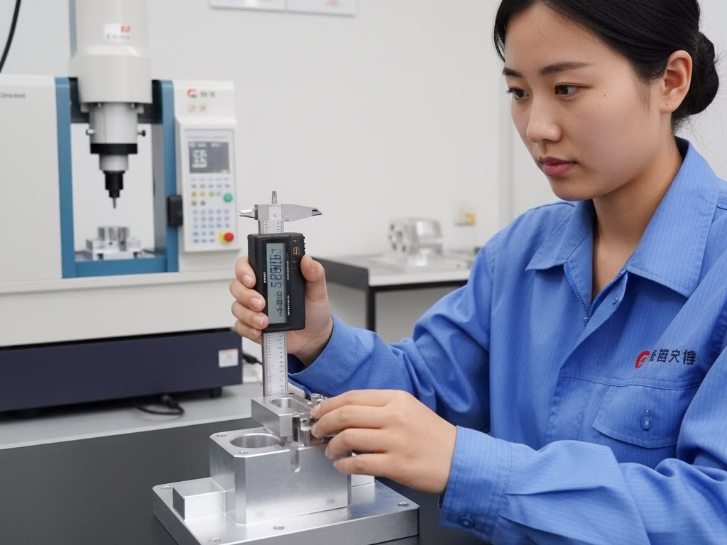 Technician Performing Quality Control Inspection On A Precision Metal Part In A Cmm Lab.