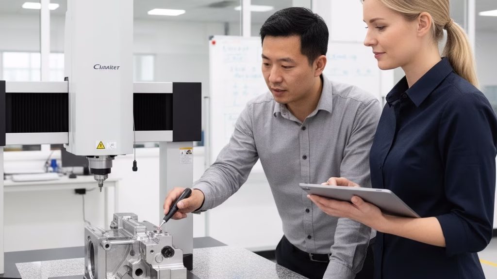 Two Engineers Collaboratively Inspecting A Precision Machined Metal Part With A Cmm Machine.