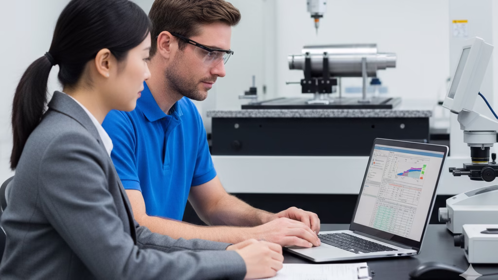 Two Engineers Collaboratively Reviewing A Cmm Inspection Report In A Quality Control Lab.