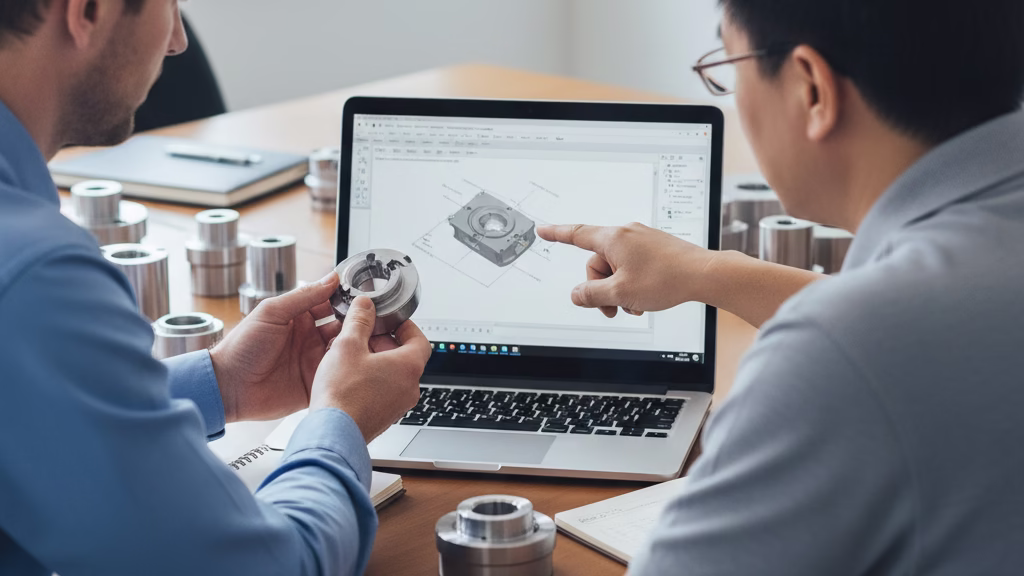 Two Engineers Collaboratively Reviewing A Complex Cnc Turned Part With A Cad Drawing In A Professional Meeting.