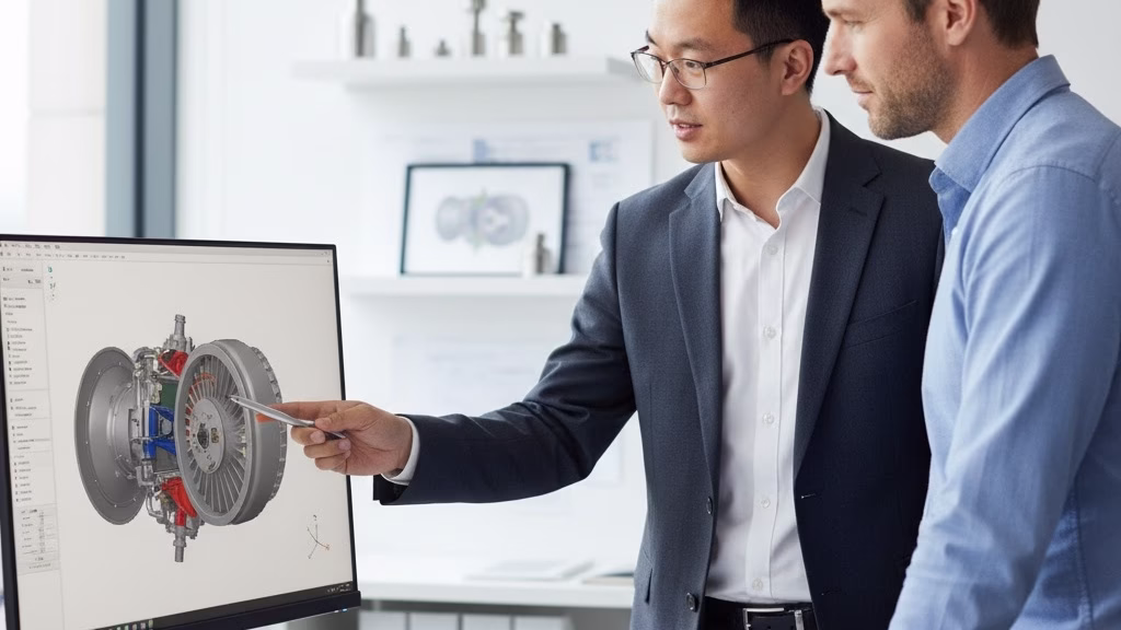 Two Engineers, One Chinese And One Western, Collaborating Over A 3d Cad Model On A Computer Screen.