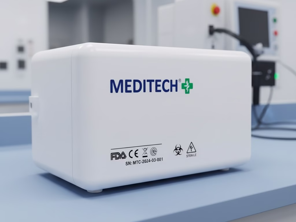 White Medical Device Housing With Chemical Resistant Silk Screened Logos.