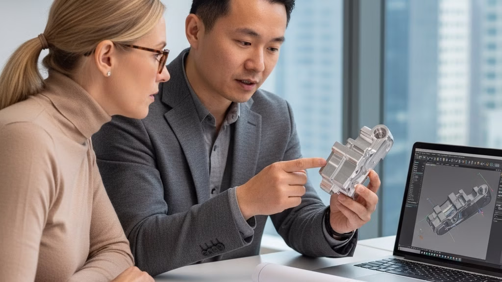 A Chinese Project Manager And A Client Collaboratively Review A Complex Cnc Machined Part And Its Cad Model In An Office.