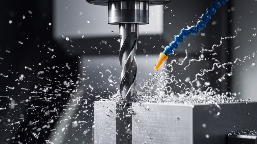 A Macro, Close Up Photo Of A Cnc Machine's End Mill Cutting Into A Metal Block, With Chips Flying.