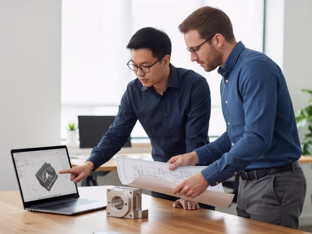 A Project Manager And Client Discuss A Cnc Part Design And Engineering Drawing In An Office.