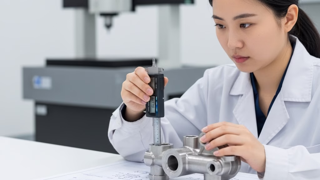 A Quality Control Technician Measures A Complex Stainless Steel Part With A Digital Micrometer In A Lab With A Cmm.