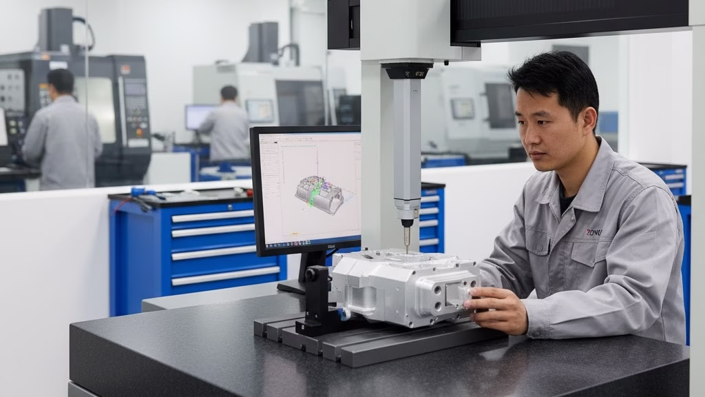 A Technician In A Quality Lab Operating A Cmm Machine To Inspect A High Precision Metal Component.