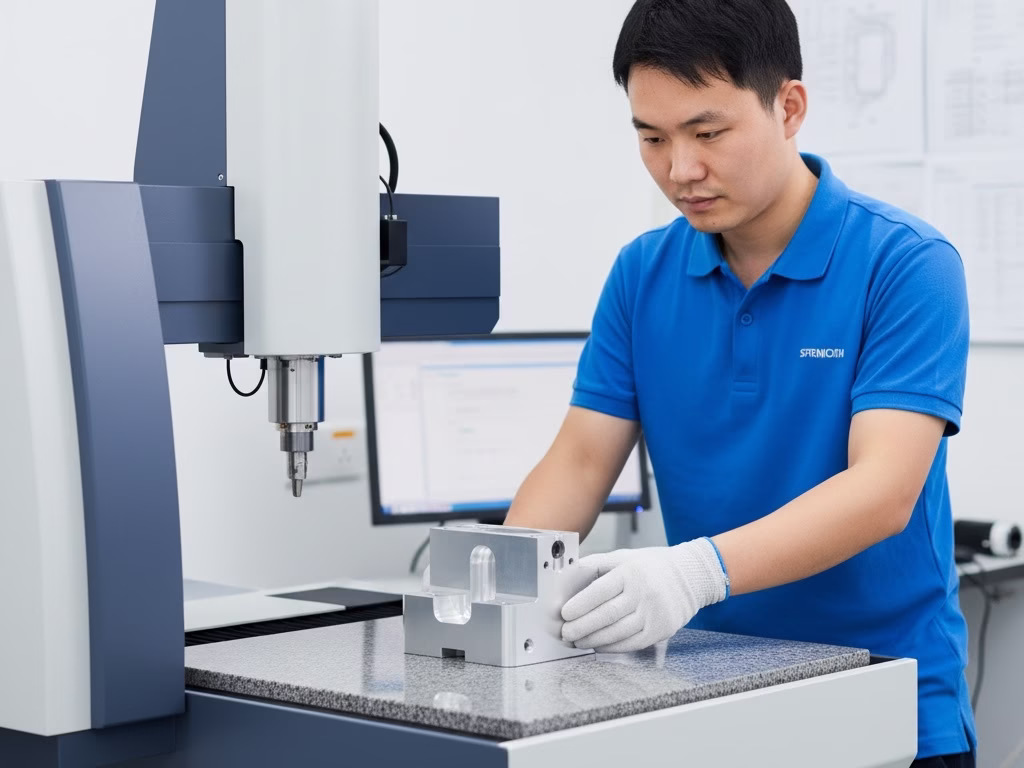 A Technician Performs A Quality Control Inspection On A Metal Cnc Part Using A Cmm Machine.