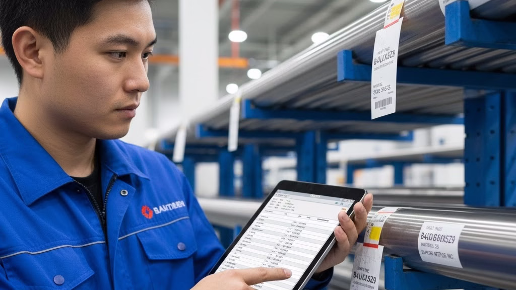 A Technician Performs Incoming Quality Control (iqc) By Checking The Heat Number On A Raw Metal Bar Against A Specification Sheet.