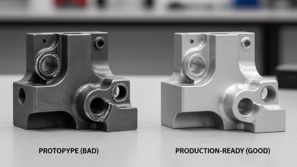A Visual Comparison Of A Rough Prototype Part Next To A Clean, Production Ready Machined Component.
