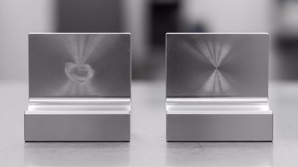 A Visual Comparison Of Two Cnc Machined Parts One Perfect Golden Sample And One With A Clear Manufacturing Defect Or Flaw.
