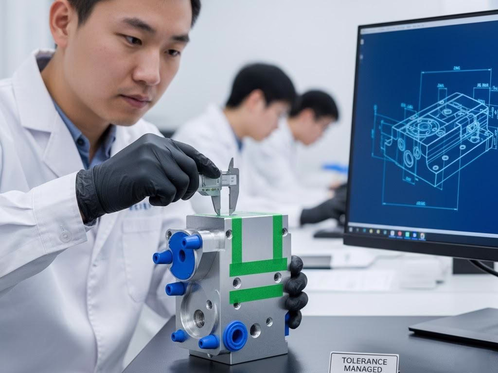 Chinese Engineer Masking Critical Cnc Part Features For Precision Tolerance Management.