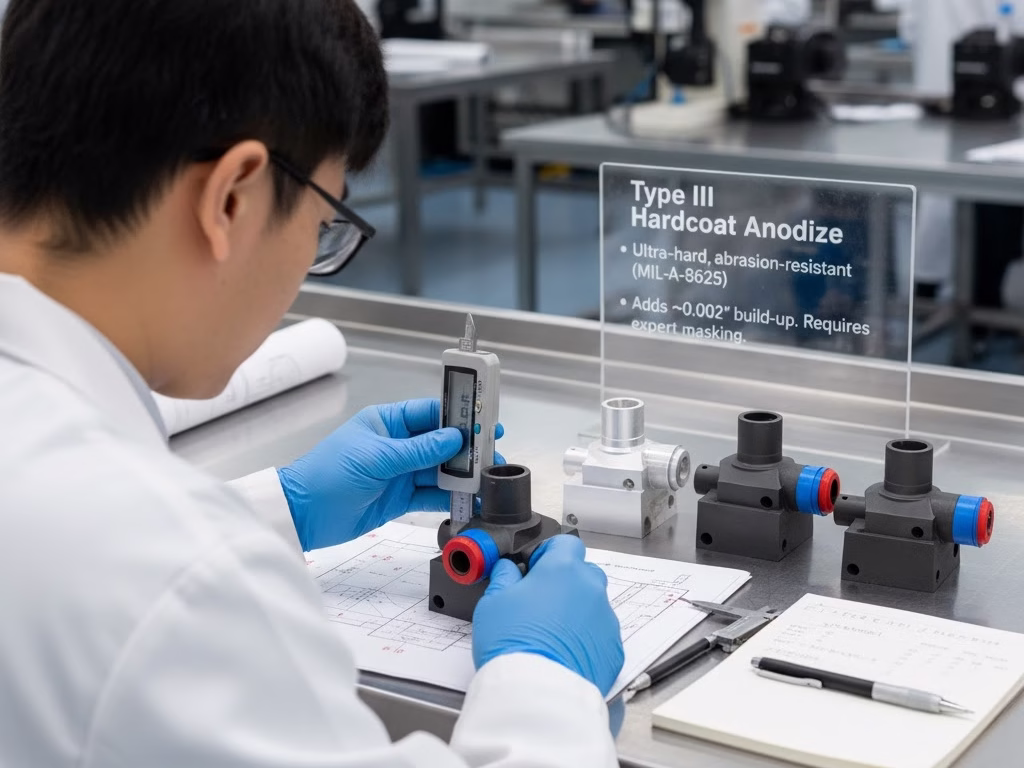 Close Up Of A Durable, Matte Black Type Iii Hardcoat Anodized Part, Emphasizing Its Rugged Texture.