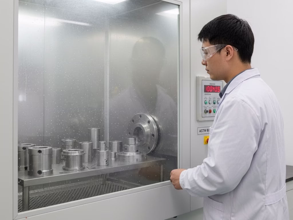 Corrosion Resistant Component Inside A Salt Spray Testing Chamber.